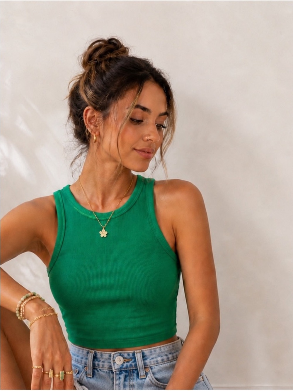 Wild Fable Green Ribbed Crop High Neckline Tank Top